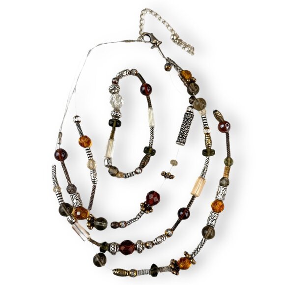 Boho Chic Multi-Layer Beaded Necklace & Bracelet Set Premier Designs Sable EUC - Picture 1 of 11